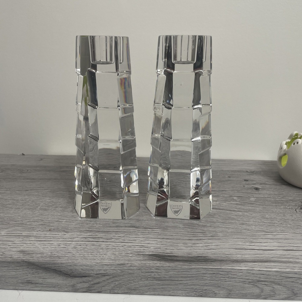 Orrefors Sweden Signed crystal‎ candleholders 6 3/4 Inches